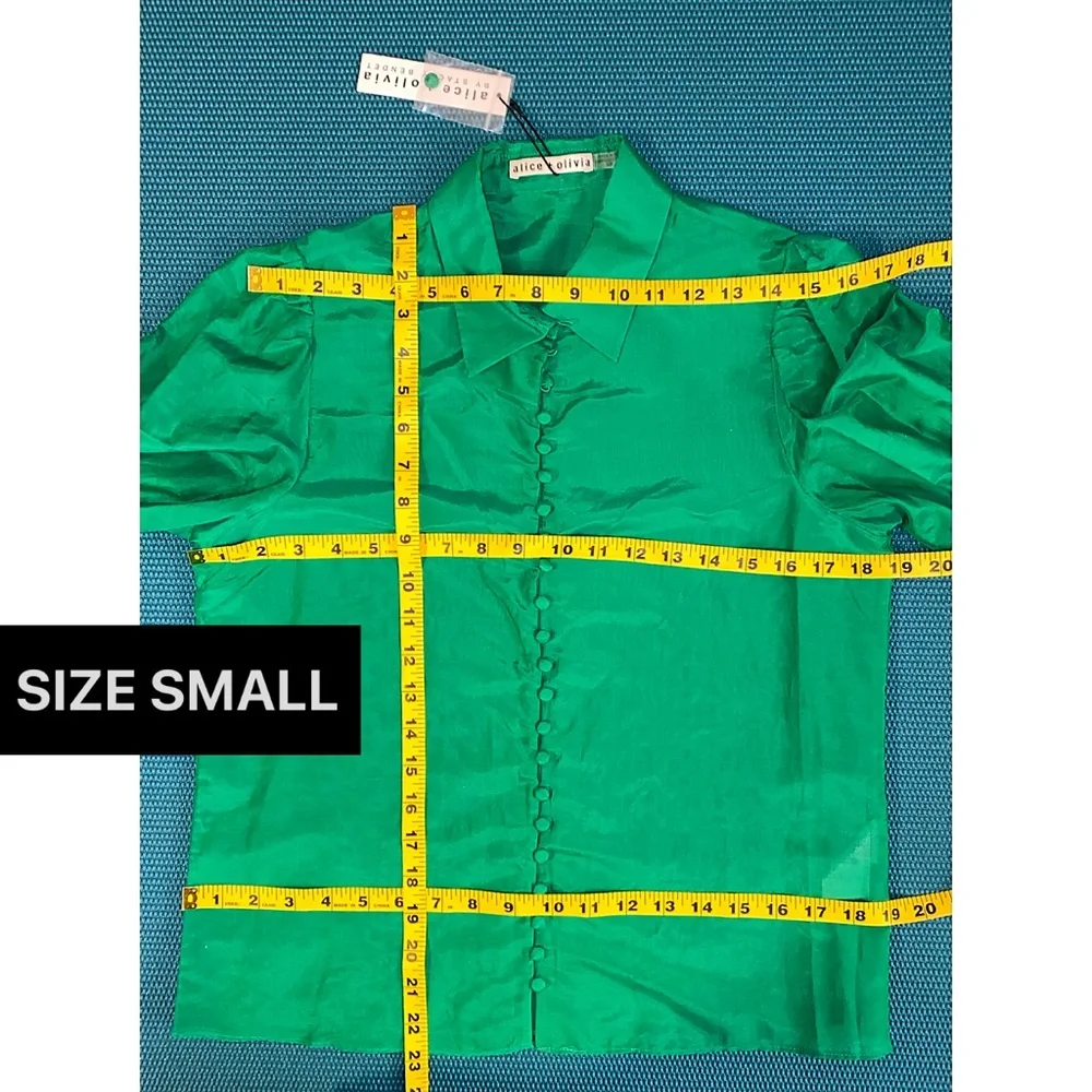 Alice + Olivia Joey Emerald Green Button Front Silk Blend Smocked Blouse - Picture 10 of 15